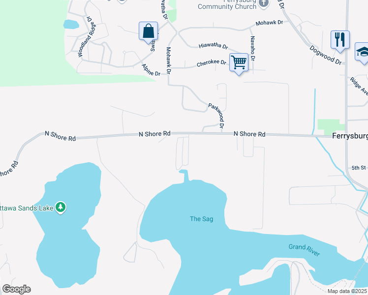 map of restaurants, bars, coffee shops, grocery stores, and more near 17990 North Shore Drive in Spring Lake