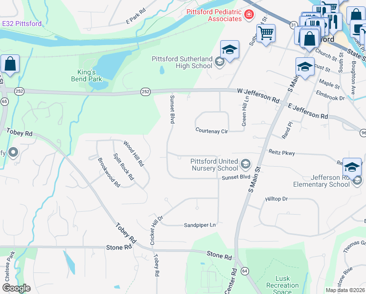 map of restaurants, bars, coffee shops, grocery stores, and more near 10 Buttermilk Hill Road in Pittsford