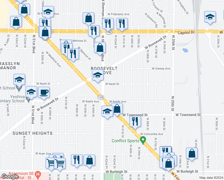map of restaurants, bars, coffee shops, grocery stores, and more near 3621 North 42nd Street in Milwaukee