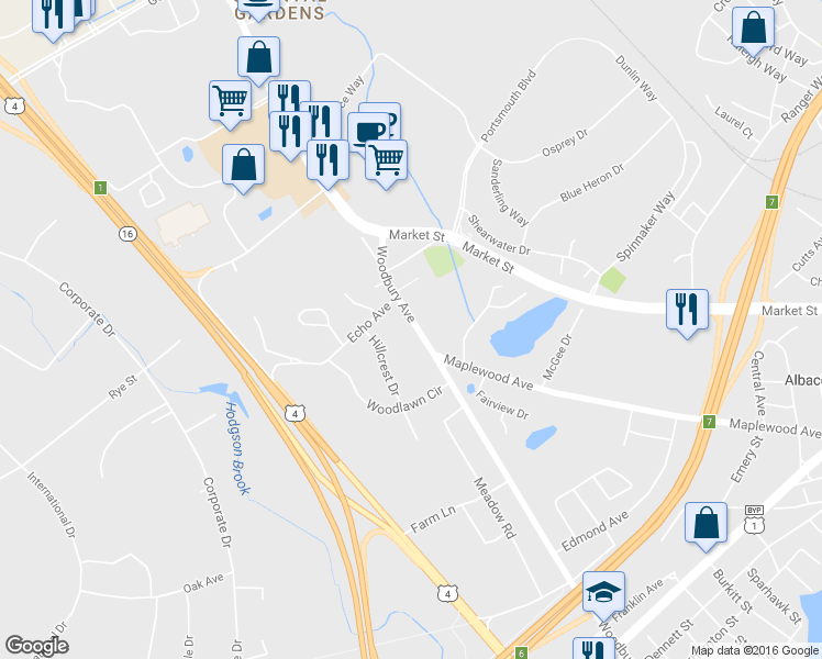 map of restaurants, bars, coffee shops, grocery stores, and more near 1150 Woodbury Ave in Portsmouth