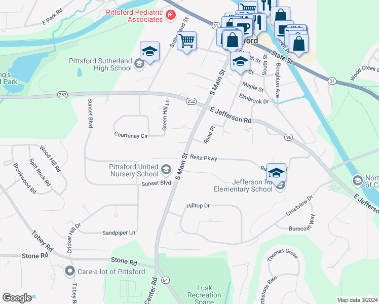 map of restaurants, bars, coffee shops, grocery stores, and more near 106 South Main Street in Pittsford