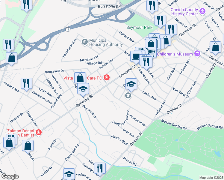 map of restaurants, bars, coffee shops, grocery stores, and more near 6 Ballantyne Brae in Utica