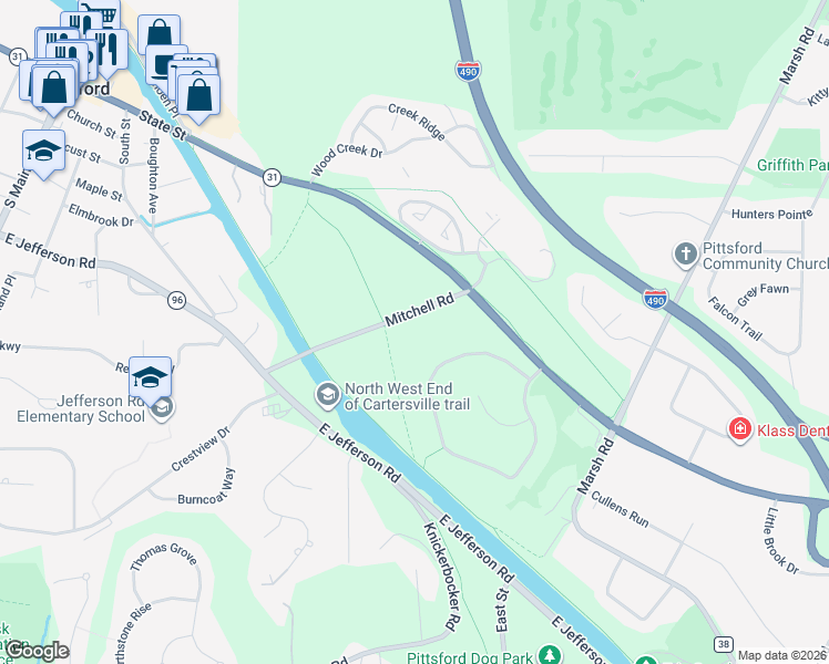 map of restaurants, bars, coffee shops, grocery stores, and more near 64 Meadow Cove Road in Pittsford