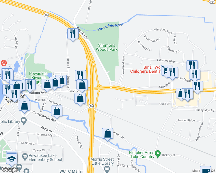map of restaurants, bars, coffee shops, grocery stores, and more near Capitol Drive in Pewaukee