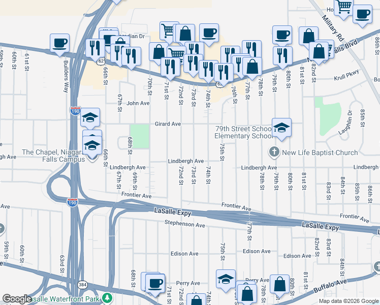 map of restaurants, bars, coffee shops, grocery stores, and more near 482 73rd Street in Niagara Falls