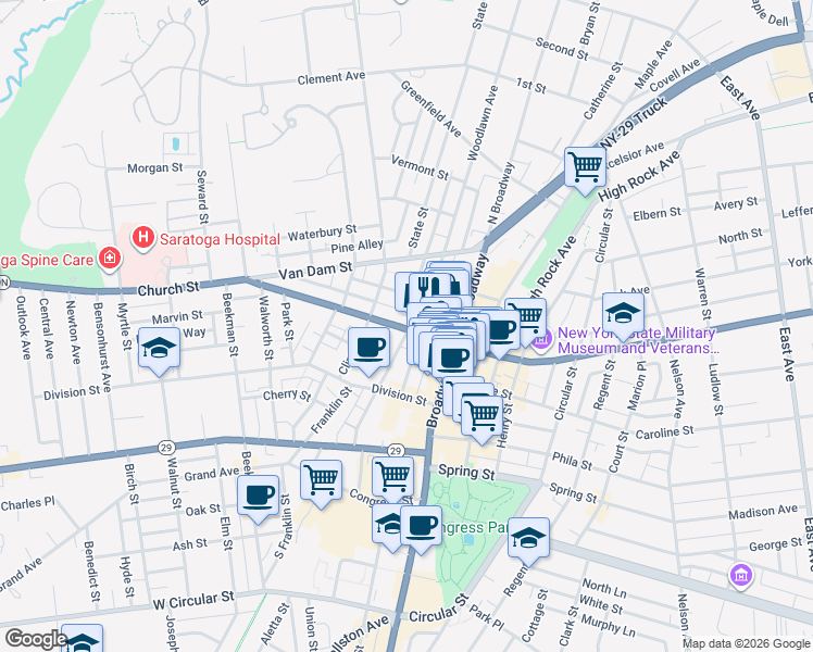 map of restaurants, bars, coffee shops, grocery stores, and more near 33 Church Street in Saratoga Springs