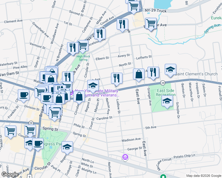 map of restaurants, bars, coffee shops, grocery stores, and more near 81 Middle Avenue in Saratoga Springs
