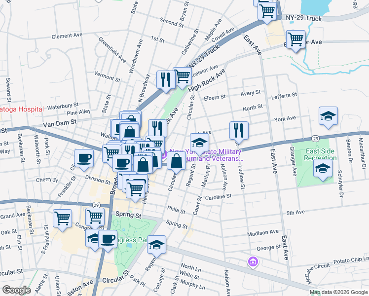 map of restaurants, bars, coffee shops, grocery stores, and more near 160 Circular Street in Saratoga Springs