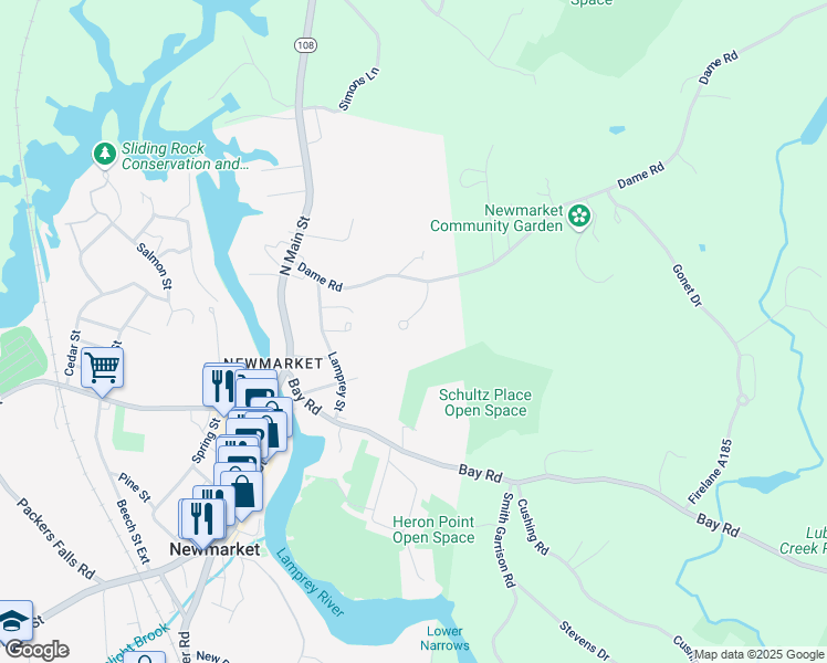 map of restaurants, bars, coffee shops, grocery stores, and more near 36 Dame Road in Newmarket