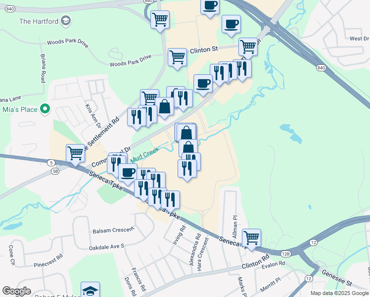 map of restaurants, bars, coffee shops, grocery stores, and more near 1 Sangertown Square in New Hartford