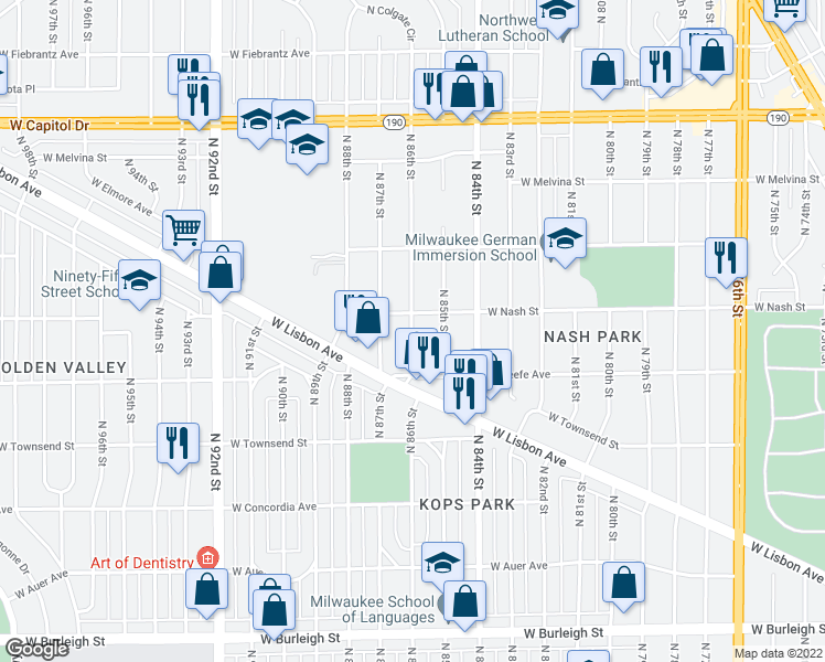 map of restaurants, bars, coffee shops, grocery stores, and more near 3618 North 86th Street in Milwaukee