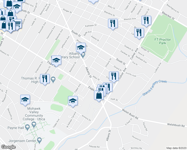 map of restaurants, bars, coffee shops, grocery stores, and more near 1607 Allen Street in Utica