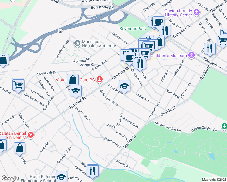 map of restaurants, bars, coffee shops, grocery stores, and more near 3 Prospect Street in Utica