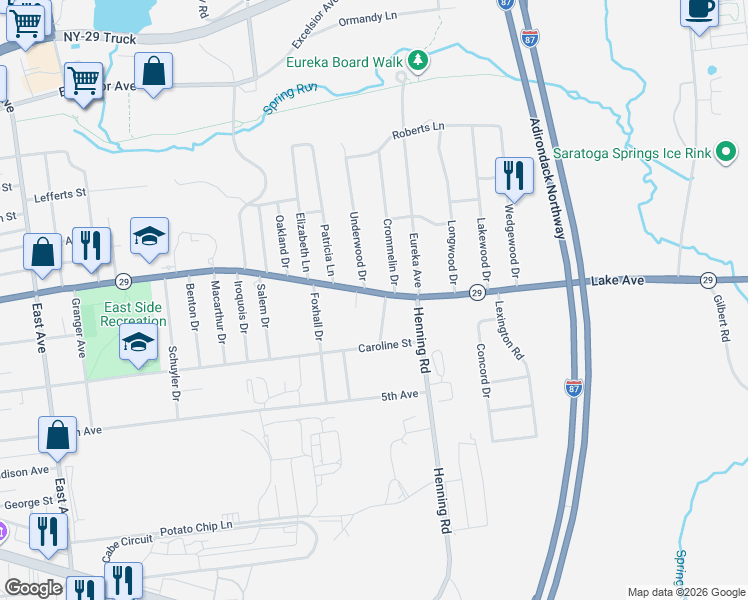 map of restaurants, bars, coffee shops, grocery stores, and more near 1 Underwood Drive in Saratoga Springs