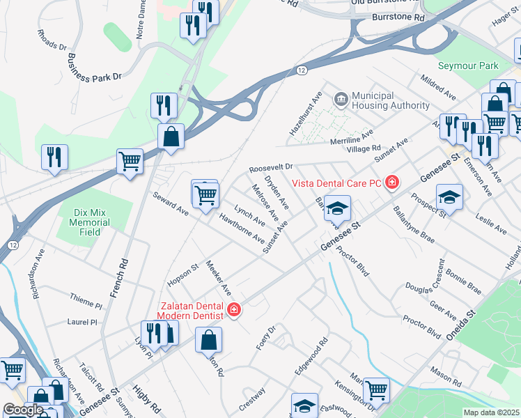 map of restaurants, bars, coffee shops, grocery stores, and more near 155 Melrose Avenue in Utica