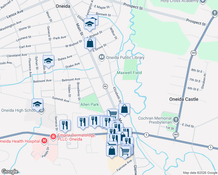 map of restaurants, bars, coffee shops, grocery stores, and more near 511 Main Street in Oneida