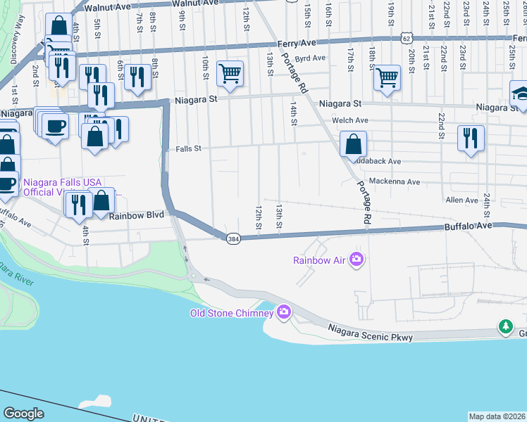 map of restaurants, bars, coffee shops, grocery stores, and more near 203 12th Street in Niagara Falls