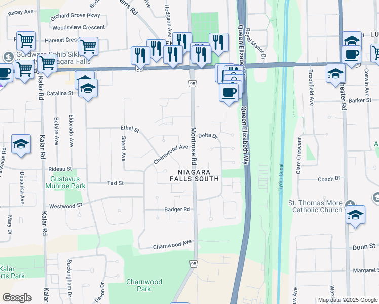 map of restaurants, bars, coffee shops, grocery stores, and more near 6223 Montrose Road in Niagara Falls