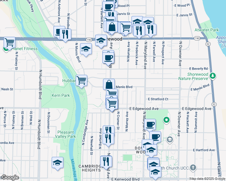 map of restaurants, bars, coffee shops, grocery stores, and more near 1824 East Menlo Boulevard in Shorewood