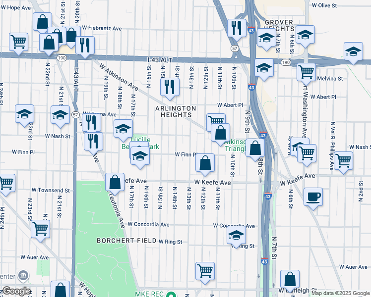 map of restaurants, bars, coffee shops, grocery stores, and more near 3646 North 13th Street in Milwaukee