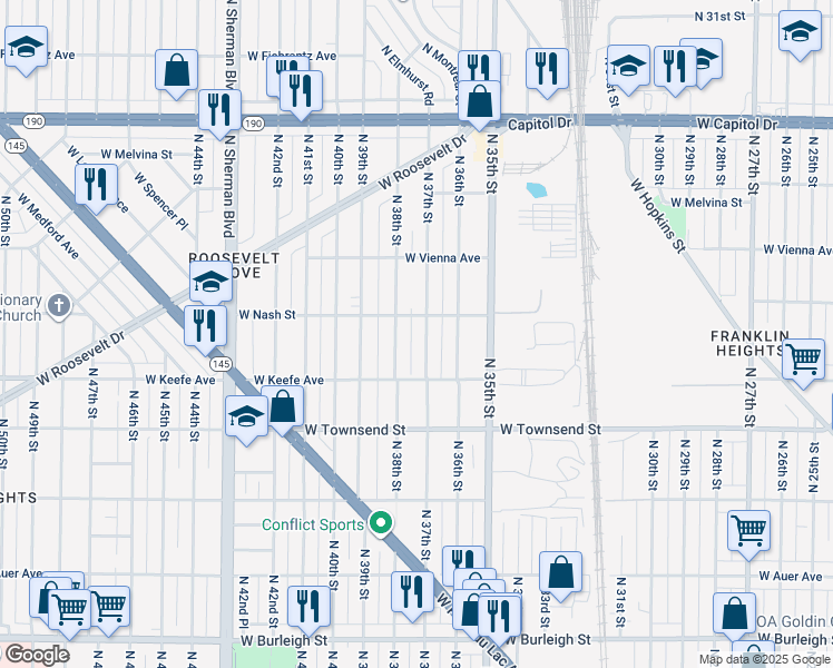 map of restaurants, bars, coffee shops, grocery stores, and more near 3701 North 37th Street in Milwaukee