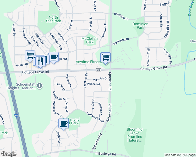 map of restaurants, bars, coffee shops, grocery stores, and more near 6326 Maywick Drive in Madison