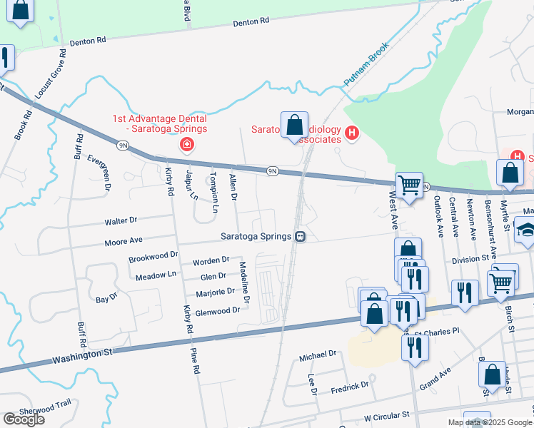 map of restaurants, bars, coffee shops, grocery stores, and more near 3 Robin Lane in Saratoga Springs