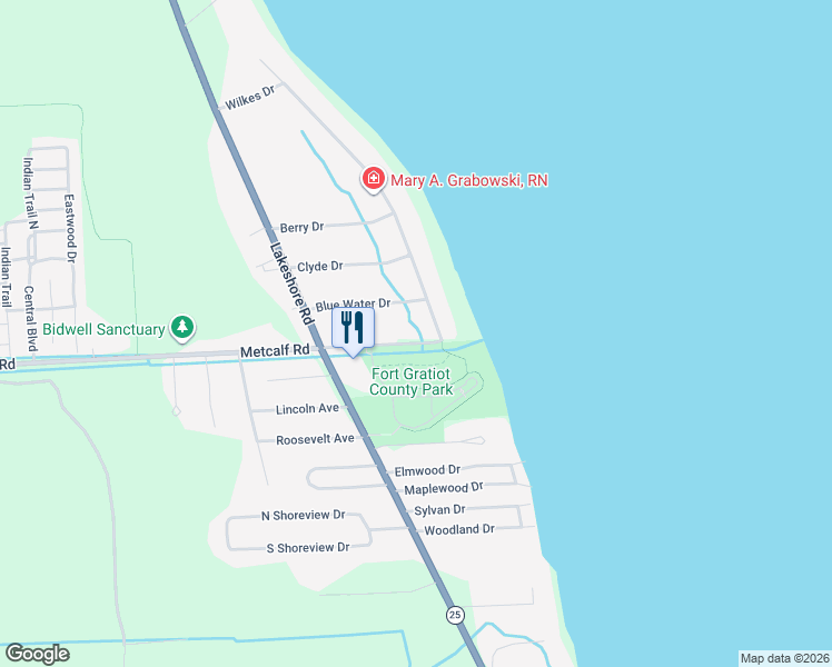 map of restaurants, bars, coffee shops, grocery stores, and more near 6025 Wildrose Lane in Fort Gratiot Township