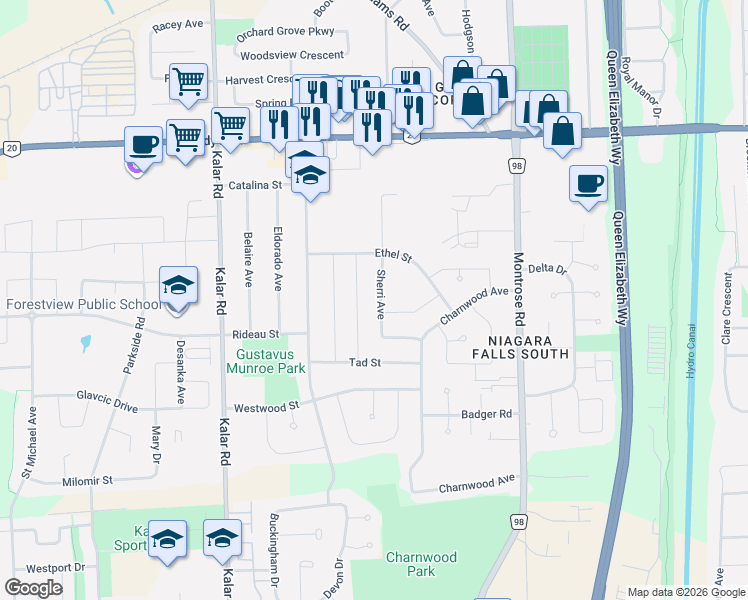 map of restaurants, bars, coffee shops, grocery stores, and more near 6251 Sherri Avenue in Niagara Falls