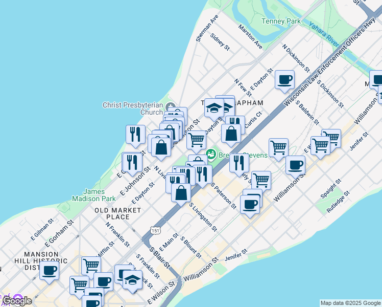 map of restaurants, bars, coffee shops, grocery stores, and more near 911 East Dayton Street in Madison