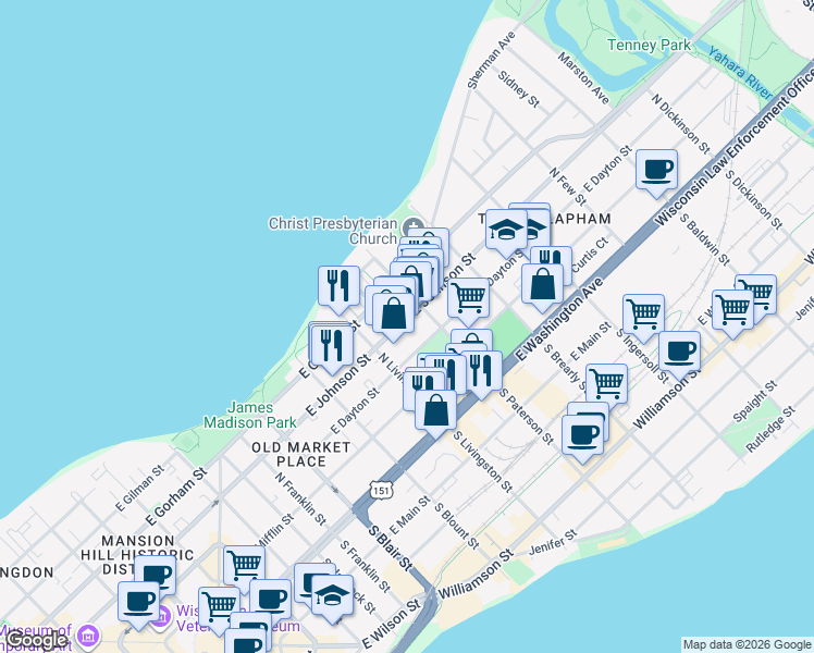 map of restaurants, bars, coffee shops, grocery stores, and more near 901 East Johnson Street in Madison