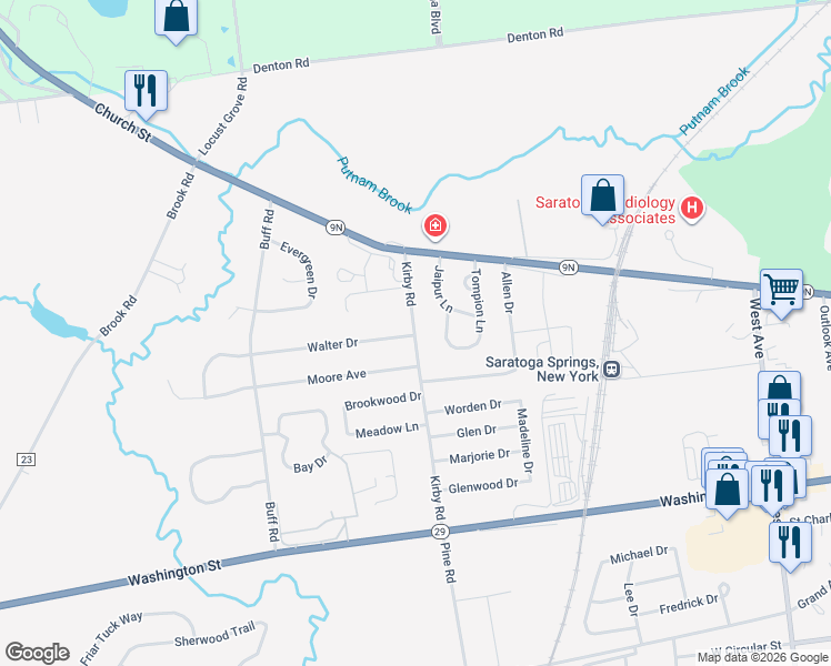 map of restaurants, bars, coffee shops, grocery stores, and more near 14 Kirby Road in Saratoga Springs