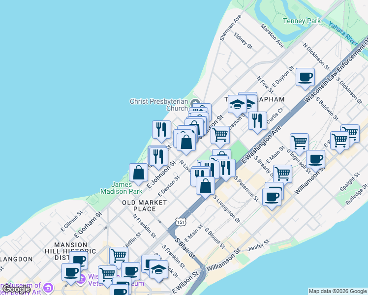 map of restaurants, bars, coffee shops, grocery stores, and more near 837 East Gorham Street in Madison