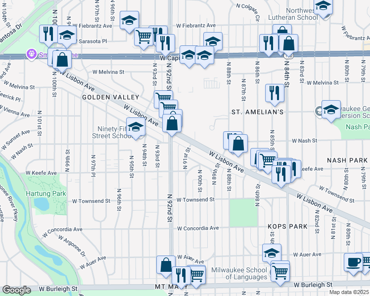 map of restaurants, bars, coffee shops, grocery stores, and more near 3623 North 91st Street in Milwaukee