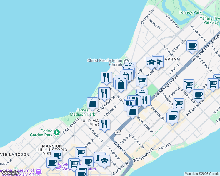 map of restaurants, bars, coffee shops, grocery stores, and more near East Gorham Street in Madison