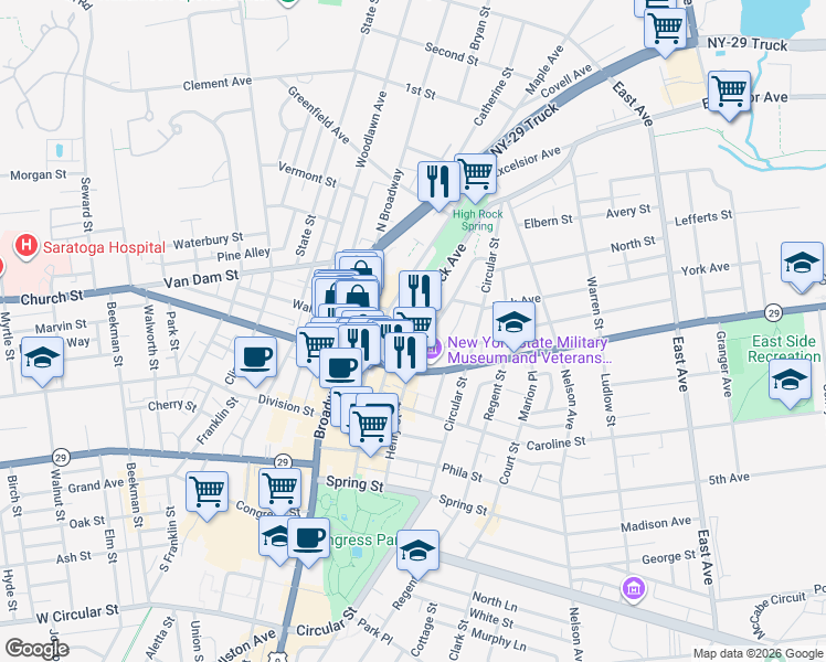 map of restaurants, bars, coffee shops, grocery stores, and more near 1 York Street in Saratoga Springs