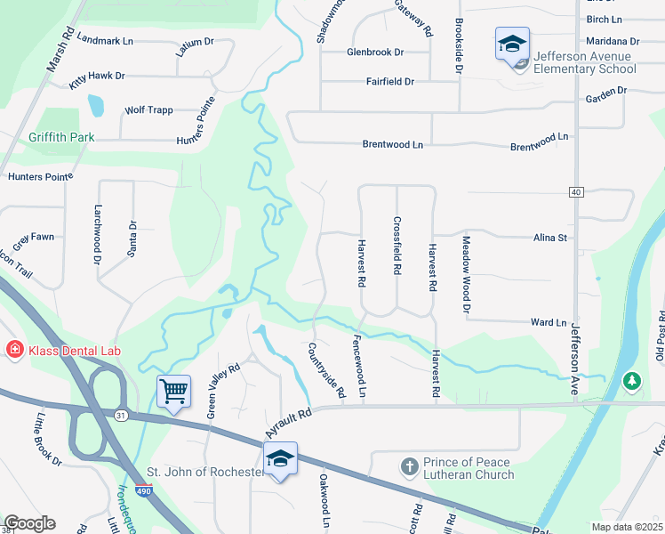 map of restaurants, bars, coffee shops, grocery stores, and more near 85 Harvest Road in Fairport