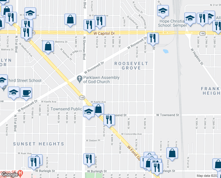 map of restaurants, bars, coffee shops, grocery stores, and more near 3629 North 40th Street in Milwaukee