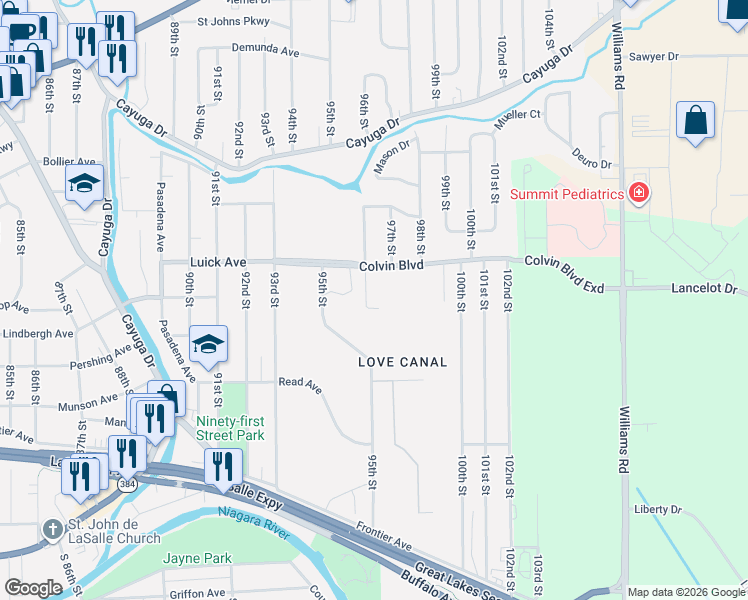 map of restaurants, bars, coffee shops, grocery stores, and more near 9615 Colvin Boulevard in Niagara Falls