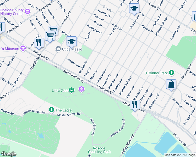 map of restaurants, bars, coffee shops, grocery stores, and more near 1656 Miller Street in Utica