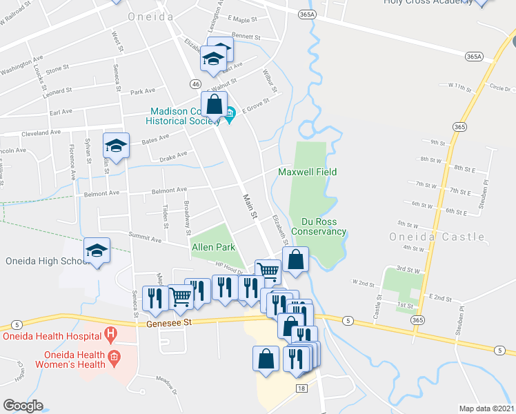 map of restaurants, bars, coffee shops, grocery stores, and more near 511 Main Street in Oneida