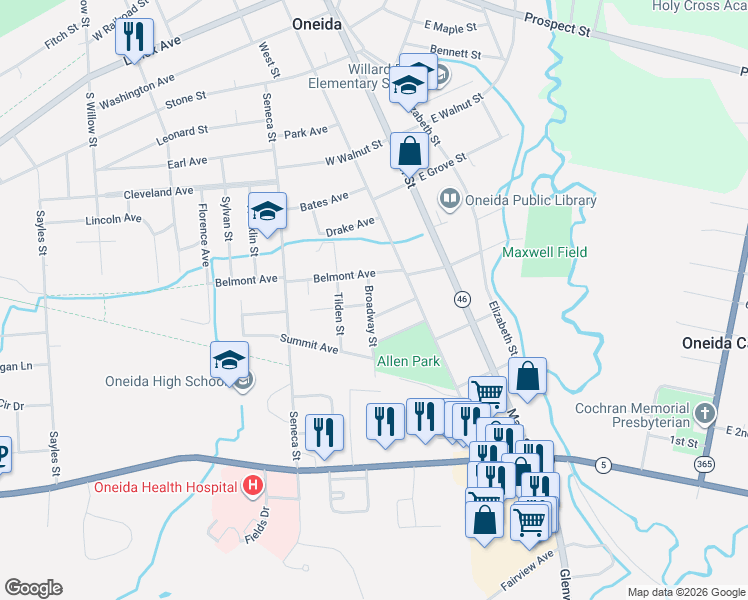 map of restaurants, bars, coffee shops, grocery stores, and more near 231 Belmont Avenue in Oneida