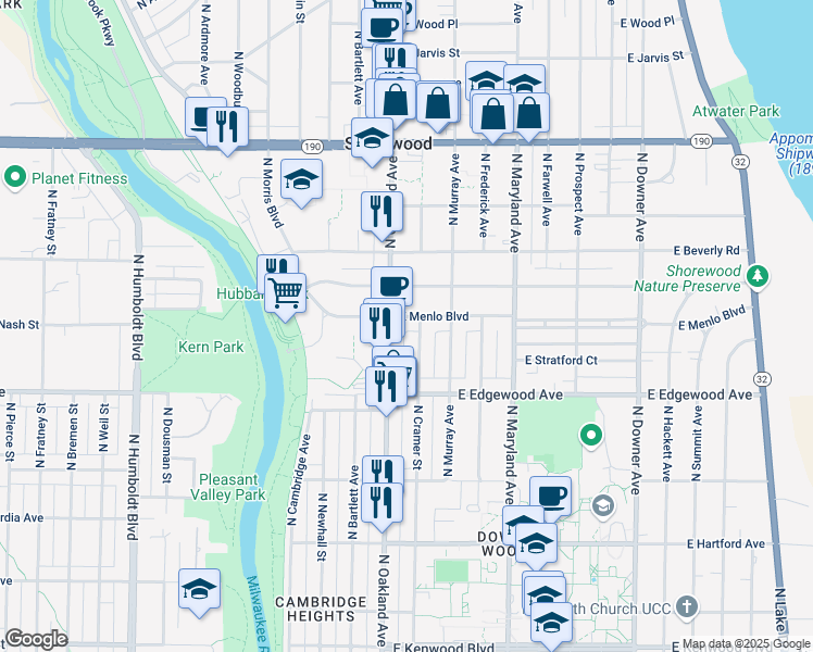 map of restaurants, bars, coffee shops, grocery stores, and more near 1824 East Menlo Boulevard in Shorewood