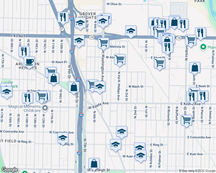 map of restaurants, bars, coffee shops, grocery stores, and more near 3725 North 5th Street in Milwaukee