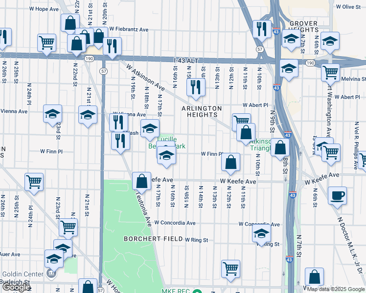 map of restaurants, bars, coffee shops, grocery stores, and more near 3649 North 15th Street in Milwaukee