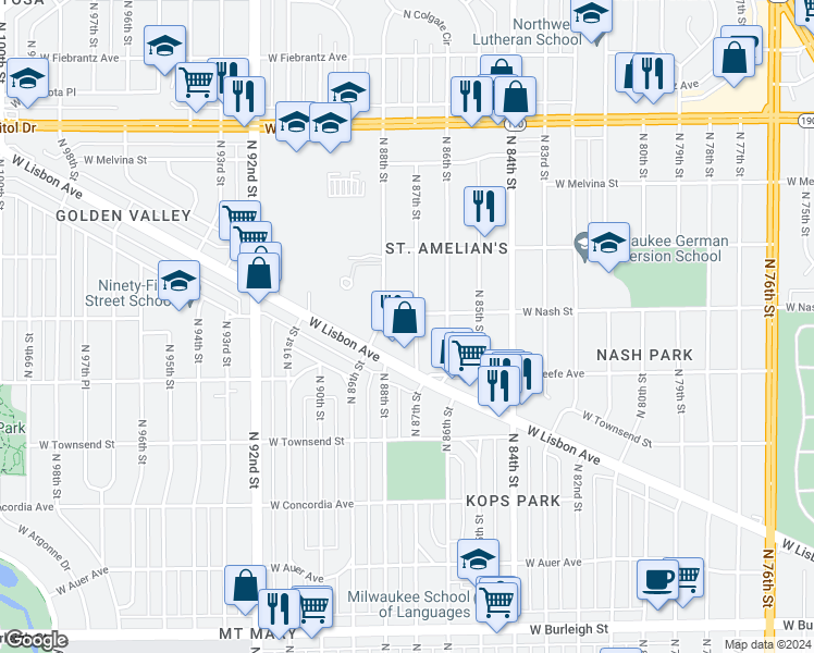 map of restaurants, bars, coffee shops, grocery stores, and more near 3709 North 87th Street in Milwaukee