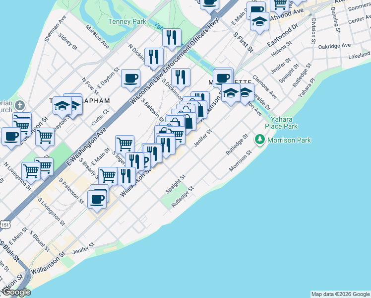 map of restaurants, bars, coffee shops, grocery stores, and more near 1301 Williamson Street in Madison