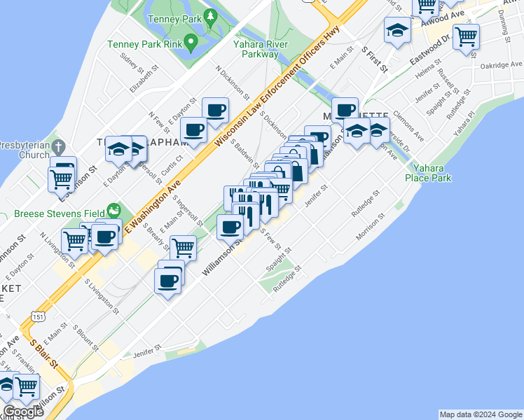 map of restaurants, bars, coffee shops, grocery stores, and more near 1231 East Wilson Street in Madison
