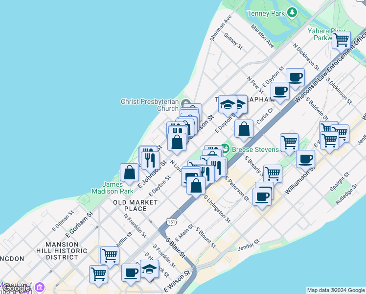 map of restaurants, bars, coffee shops, grocery stores, and more near 901 East Johnson Street in Madison