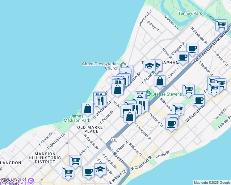 map of restaurants, bars, coffee shops, grocery stores, and more near 837 East Gorham Street in Madison